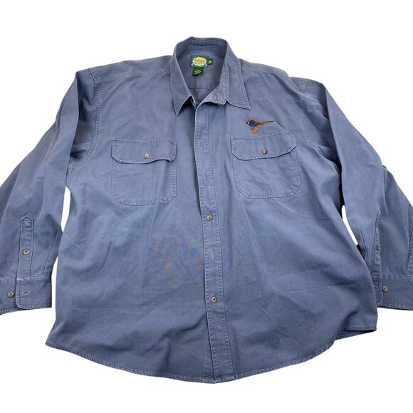 Cabelas Mens Shirt 2XL Blue Cotton Long Sleeve With Embroidered Pheasant - Picture 1 of 7